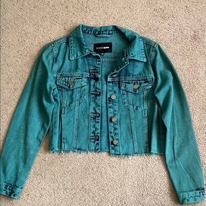 Fashion Nova Teal Cropped Denim Jacket with Raw Hem